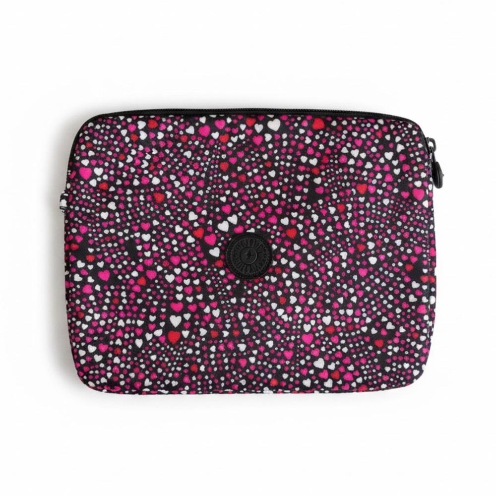 Kipling Tablet Sleeve iPad Case Travel Zip Pouch Black Pink Heart Print One Size